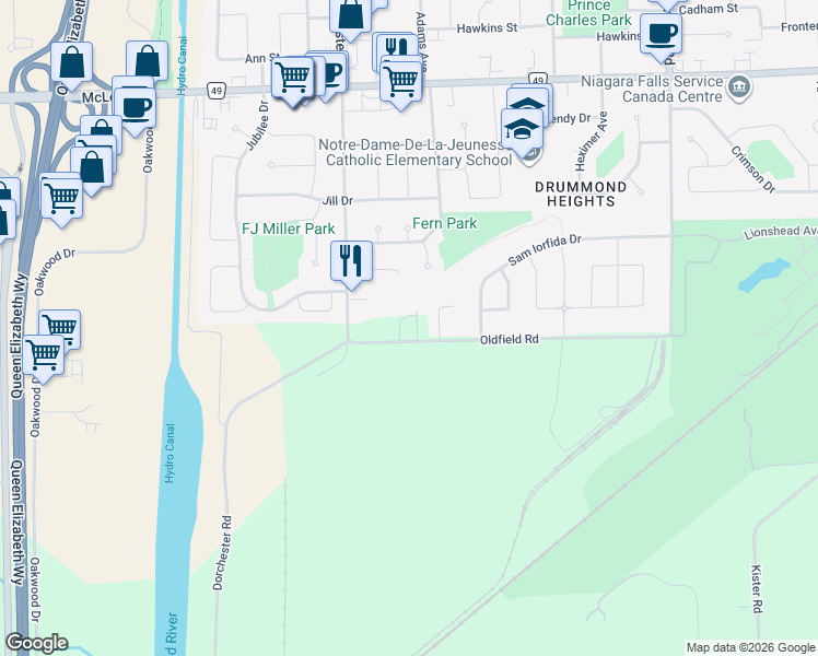 map of restaurants, bars, coffee shops, grocery stores, and more near 7945 Oldfield Road in Niagara Falls