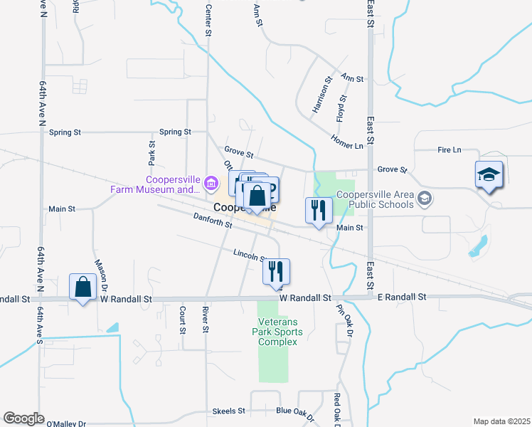map of restaurants, bars, coffee shops, grocery stores, and more near 259 Main Street in Coopersville