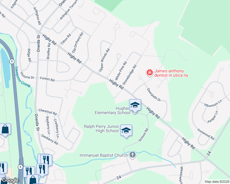 map of restaurants, bars, coffee shops, grocery stores, and more near 5 Camden Way in New Hartford