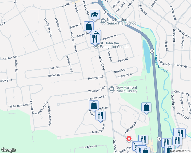 map of restaurants, bars, coffee shops, grocery stores, and more near 4 Hoffman Road in New Hartford