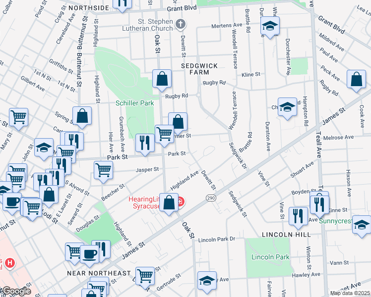 map of restaurants, bars, coffee shops, grocery stores, and more near 301 Dewitt Street in Syracuse