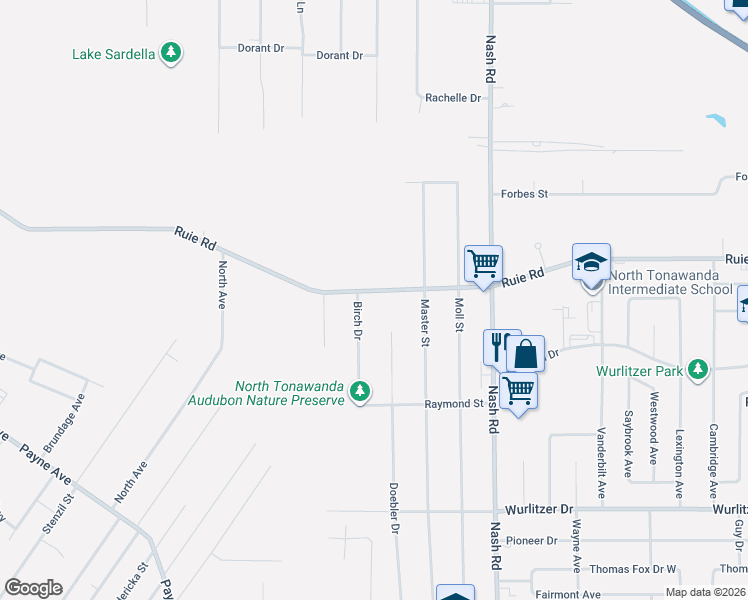 map of restaurants, bars, coffee shops, grocery stores, and more near 1481 Birch Drive in North Tonawanda