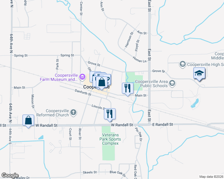 map of restaurants, bars, coffee shops, grocery stores, and more near 199 Main Street in Coopersville