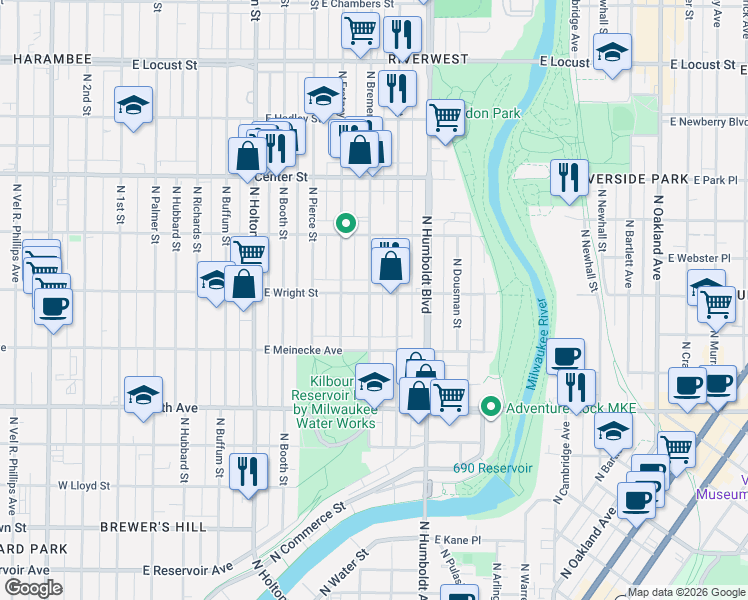 map of restaurants, bars, coffee shops, grocery stores, and more near 2464 North Bremen Street in Milwaukee