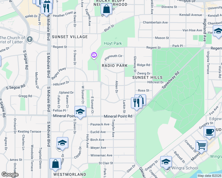 map of restaurants, bars, coffee shops, grocery stores, and more near 214 Alden Drive in Madison