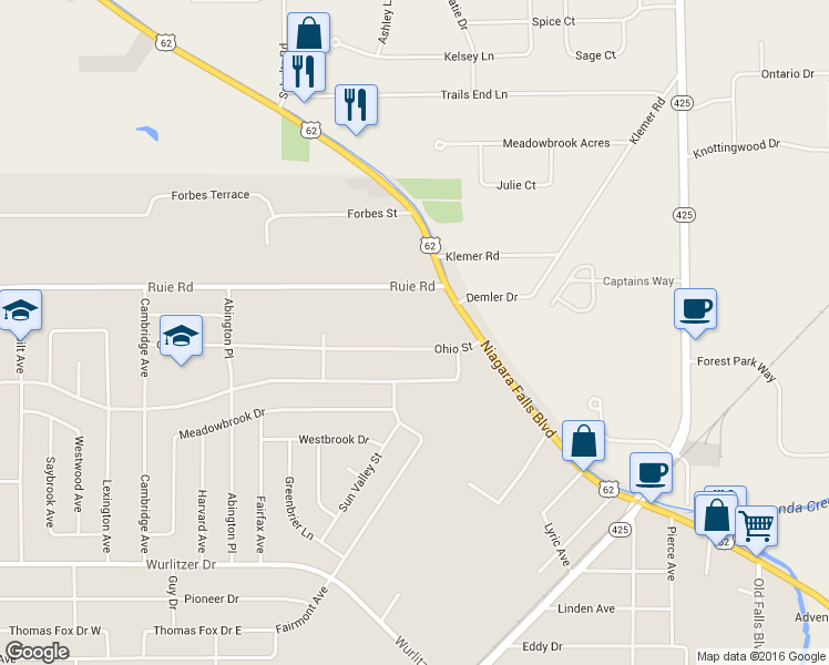 map of restaurants, bars, coffee shops, grocery stores, and more near 858 Ohio Street in Buffalo