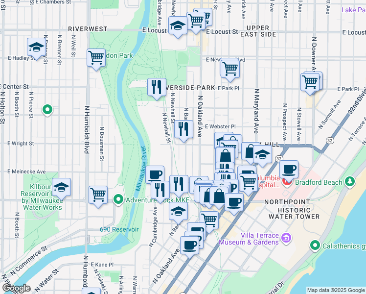 map of restaurants, bars, coffee shops, grocery stores, and more near 2499 North Bartlett Avenue in Milwaukee