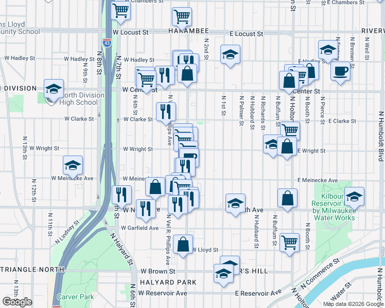 map of restaurants, bars, coffee shops, grocery stores, and more near 2478 North Doctor Martin Luther King Junior Drive in Milwaukee