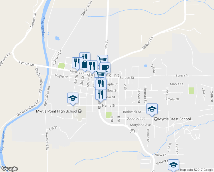 map of restaurants, bars, coffee shops, grocery stores, and more near 403 Railroad Avenue in Myrtle Point