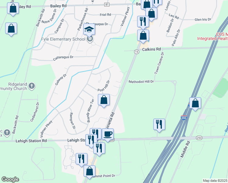 map of restaurants, bars, coffee shops, grocery stores, and more near 4455 West Henrietta Road in Henrietta