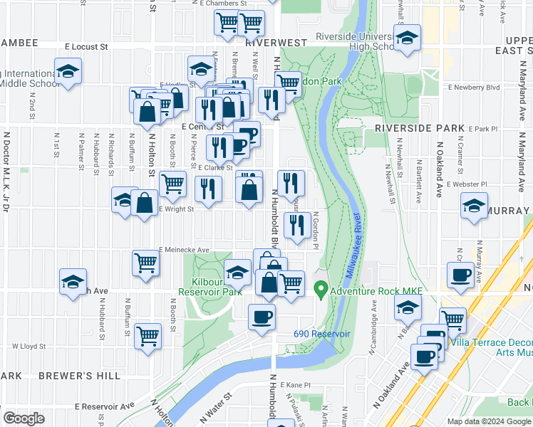 map of restaurants, bars, coffee shops, grocery stores, and more near 1021 East Wright Street in Milwaukee