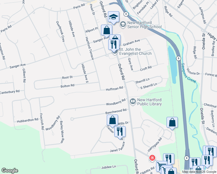 map of restaurants, bars, coffee shops, grocery stores, and more near 16 Hoffman Rd in New Hartford