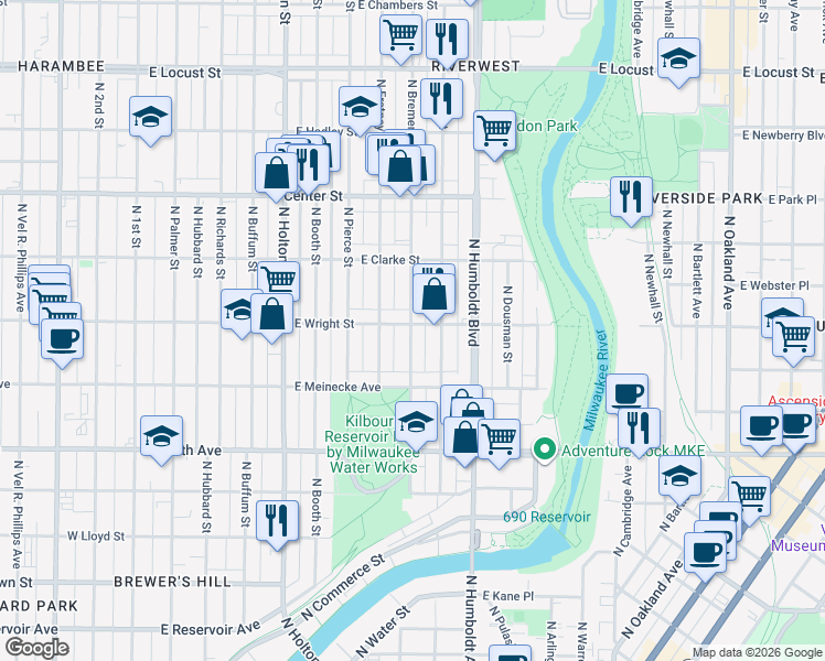 map of restaurants, bars, coffee shops, grocery stores, and more near 2472 North Bremen Street in Milwaukee