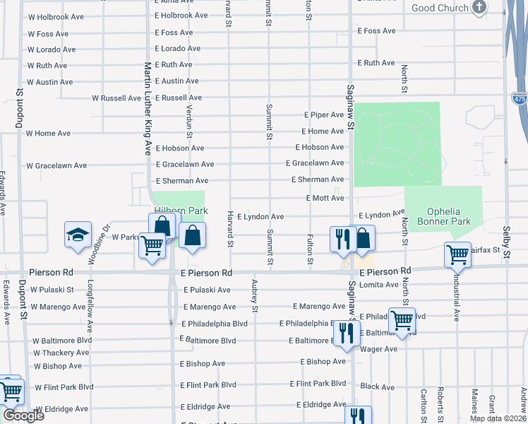 map of restaurants, bars, coffee shops, grocery stores, and more near 349 East Lyndon Avenue in Flint