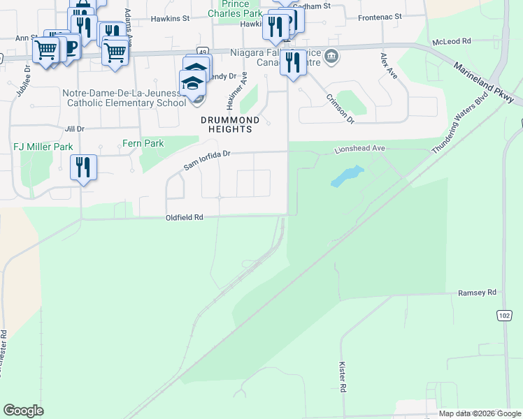 map of restaurants, bars, coffee shops, grocery stores, and more near 7533 Oldfield Road in Niagara Falls