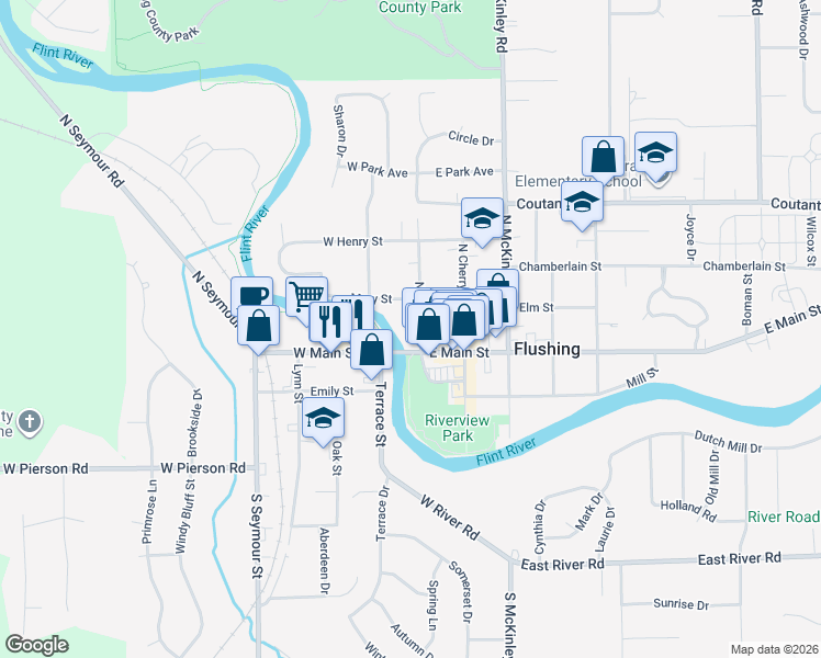 map of restaurants, bars, coffee shops, grocery stores, and more near 104 North Maple Street in Flushing