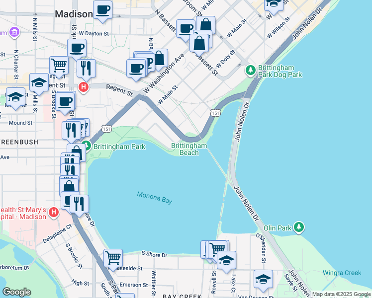 map of restaurants, bars, coffee shops, grocery stores, and more near 701 West Brittingham Place in Madison