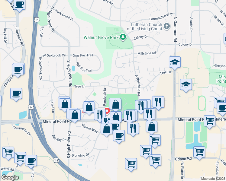 map of restaurants, bars, coffee shops, grocery stores, and more near 7379 Tree Lane in Madison