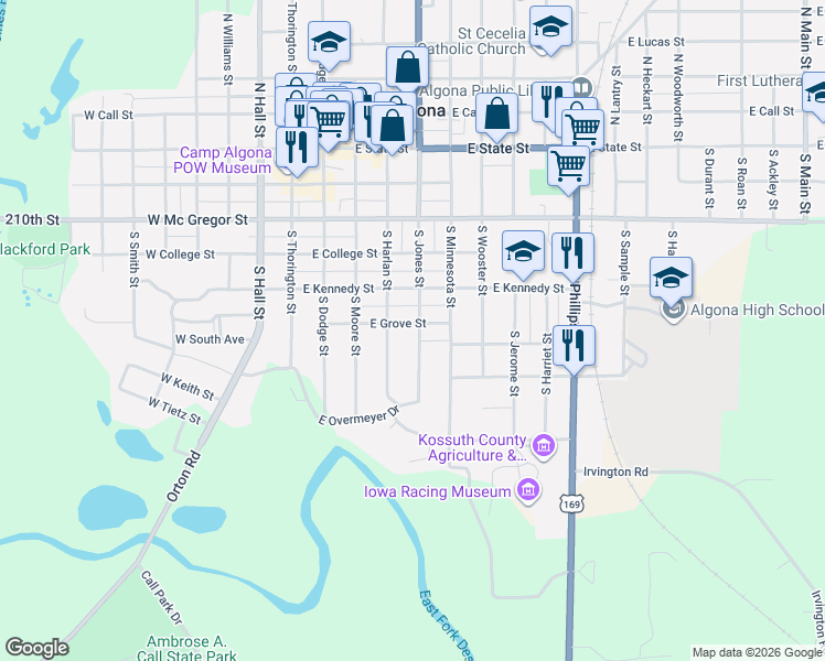 map of restaurants, bars, coffee shops, grocery stores, and more near 600-666 South Jones Street in Algona