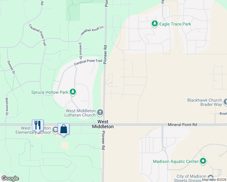 map of restaurants, bars, coffee shops, grocery stores, and more near 3828 Pioneer Road in Verona