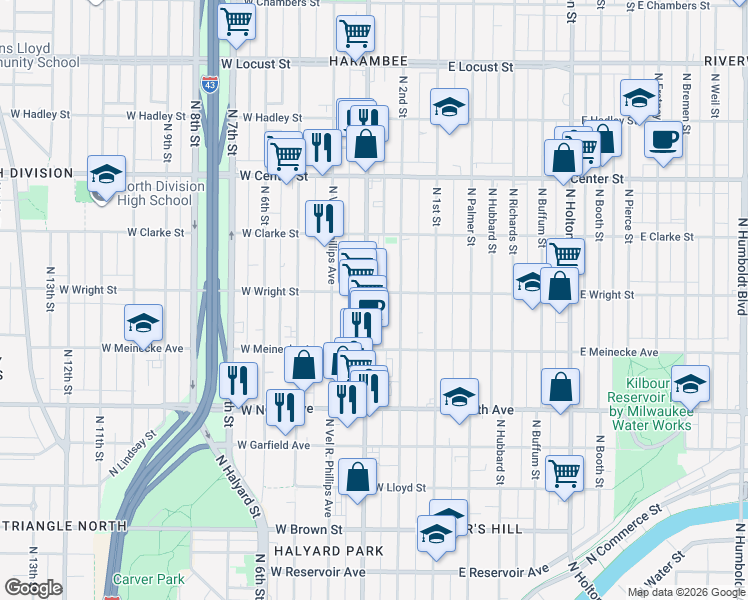 map of restaurants, bars, coffee shops, grocery stores, and more near 2478 North Doctor Martin Luther King Junior Drive in Milwaukee