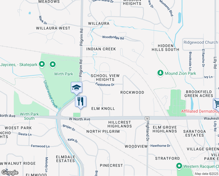 map of restaurants, bars, coffee shops, grocery stores, and more near 2440 Kevenauer Drive in Brookfield