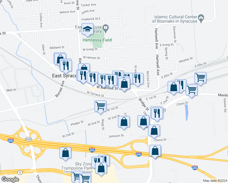 map of restaurants, bars, coffee shops, grocery stores, and more near 135 West Manlius Street in East Syracuse