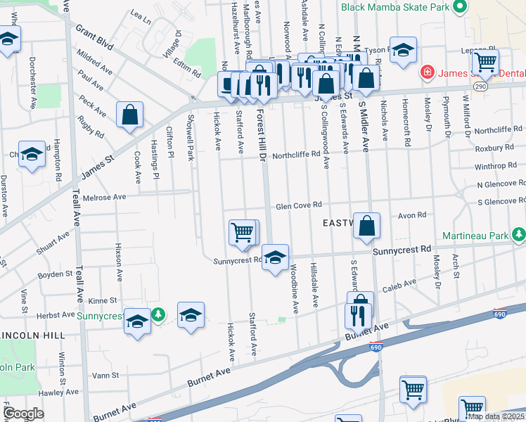 map of restaurants, bars, coffee shops, grocery stores, and more near 304 Forest Hill Drive in Syracuse