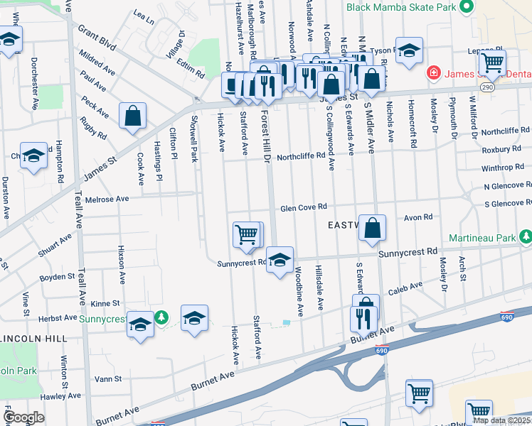 map of restaurants, bars, coffee shops, grocery stores, and more near 304 Forest Hill Drive in Syracuse