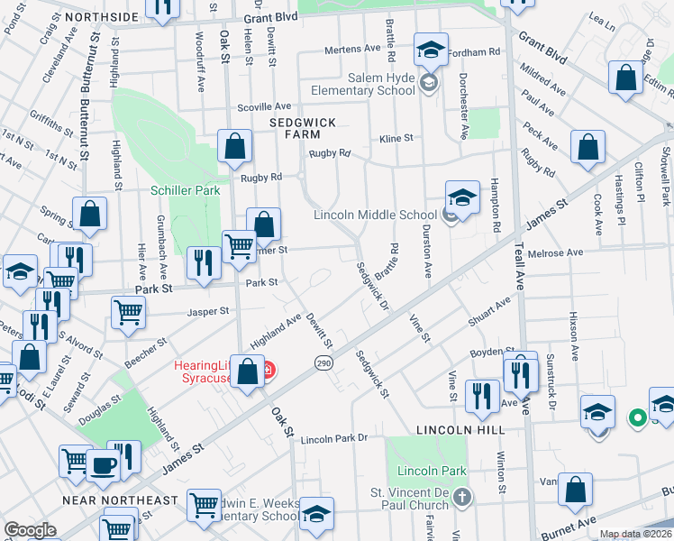map of restaurants, bars, coffee shops, grocery stores, and more near 111 Burlingame Road in Syracuse
