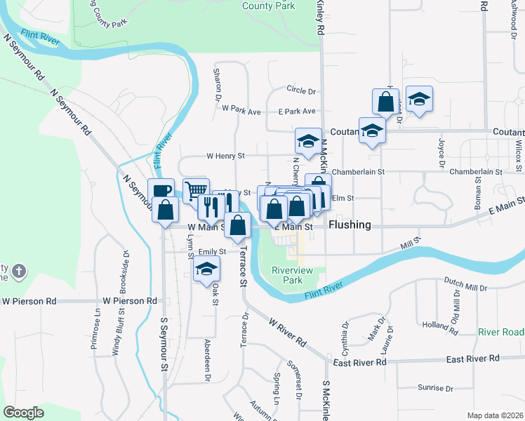map of restaurants, bars, coffee shops, grocery stores, and more near 104 North Maple Street in Flushing