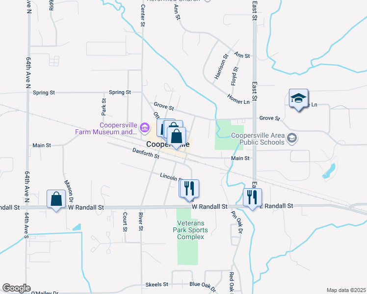 map of restaurants, bars, coffee shops, grocery stores, and more near 259 Main Street in Coopersville