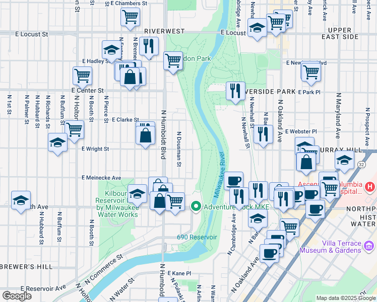 map of restaurants, bars, coffee shops, grocery stores, and more near 2465 North Gordon Place in Milwaukee