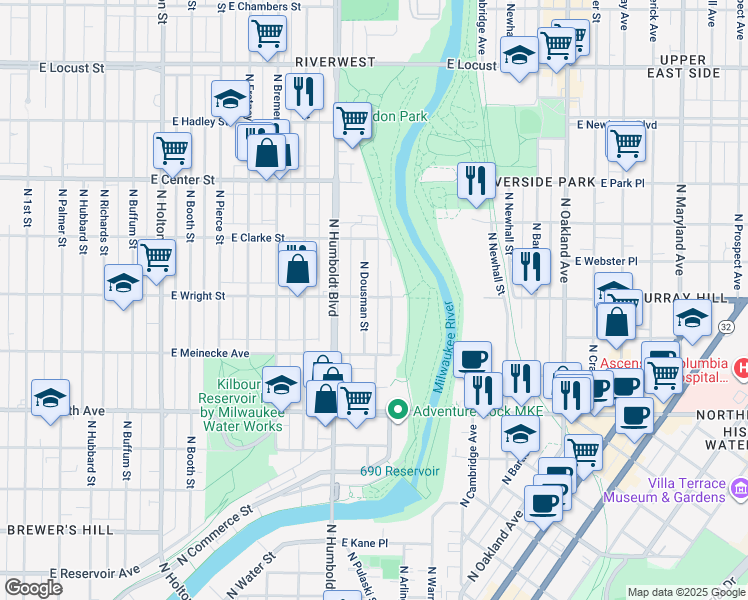 map of restaurants, bars, coffee shops, grocery stores, and more near 2465 North Gordon Place in Milwaukee
