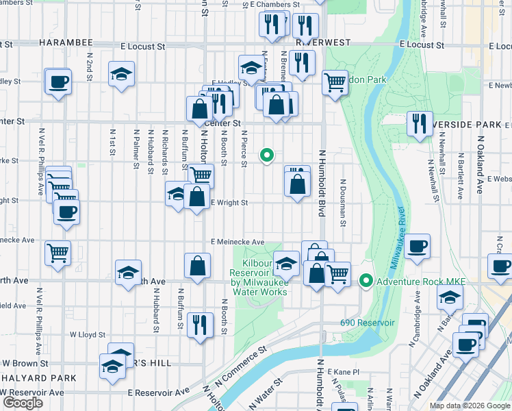map of restaurants, bars, coffee shops, grocery stores, and more near 2466 North Fratney Street in Milwaukee