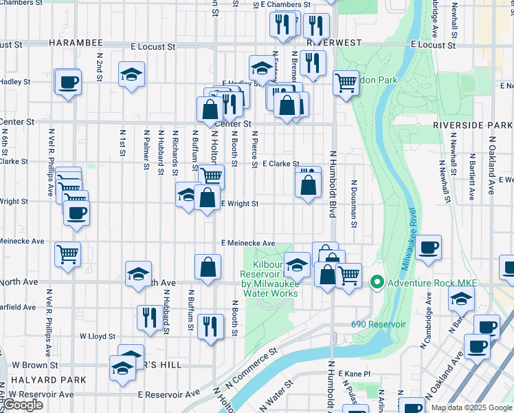 map of restaurants, bars, coffee shops, grocery stores, and more near 2467 North Pierce Street in Milwaukee