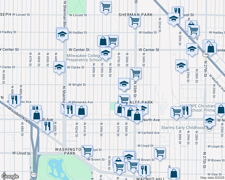 map of restaurants, bars, coffee shops, grocery stores, and more near 2445 North 37th Street in Milwaukee