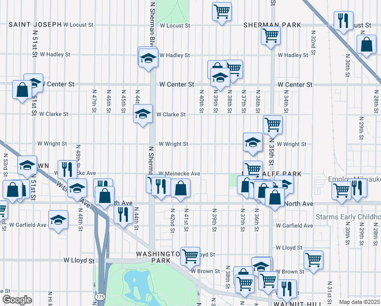 map of restaurants, bars, coffee shops, grocery stores, and more near 2444 North 41st Street in Milwaukee