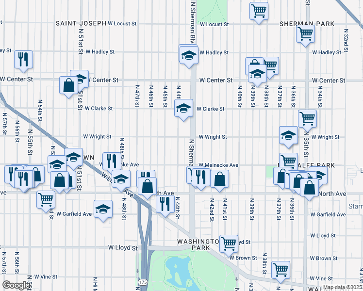 map of restaurants, bars, coffee shops, grocery stores, and more near 2445 North 44th Street in Milwaukee