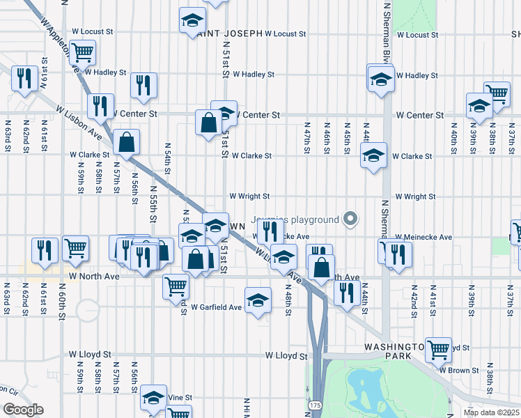 map of restaurants, bars, coffee shops, grocery stores, and more near 2447 North 49th Street in Milwaukee
