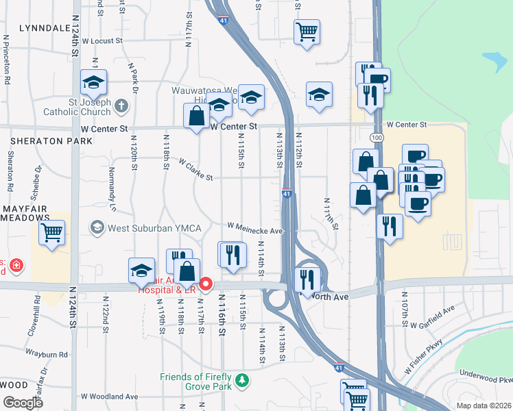 map of restaurants, bars, coffee shops, grocery stores, and more near 2434 North 115th Street in Wauwatosa