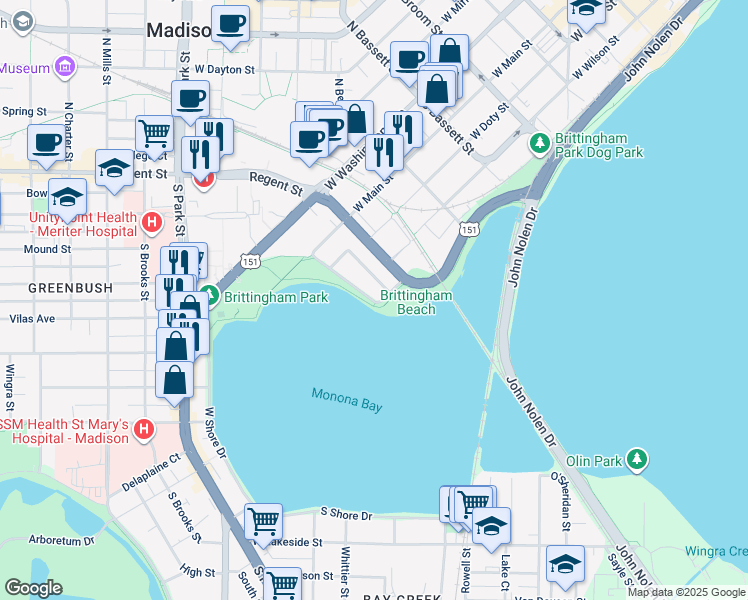 map of restaurants, bars, coffee shops, grocery stores, and more near 157 South Brittingham Place in Madison