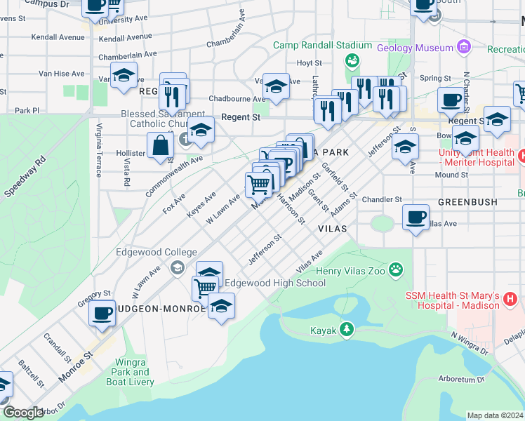 map of restaurants, bars, coffee shops, grocery stores, and more near in Madison