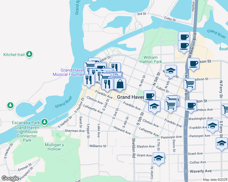 map of restaurants, bars, coffee shops, grocery stores, and more near 202 Washington Avenue in Grand Haven