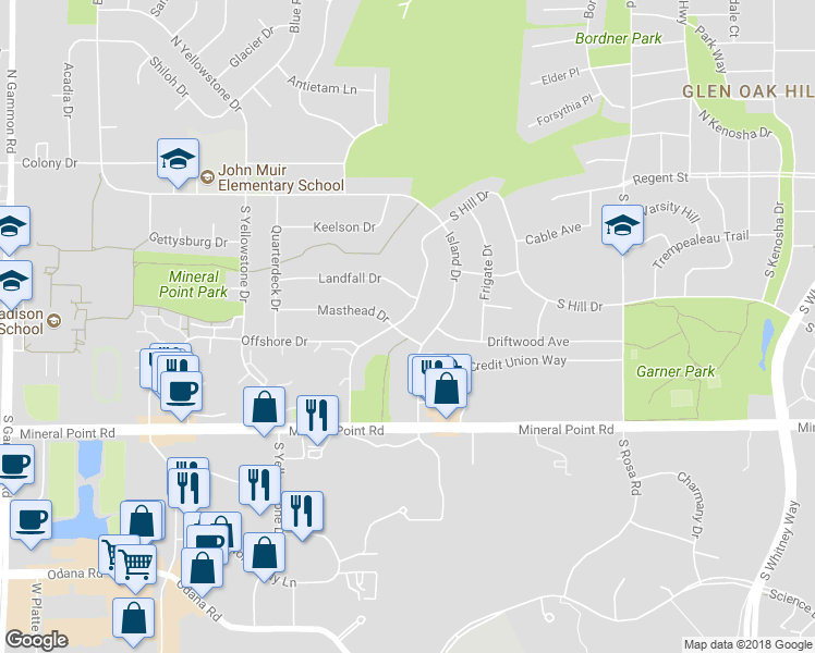 map of restaurants, bars, coffee shops, grocery stores, and more near 157 Nautilus Drive in Madison