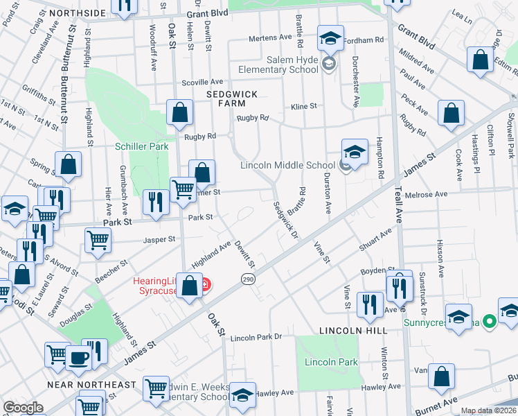map of restaurants, bars, coffee shops, grocery stores, and more near 111 Burlingame Rd in Syracuse