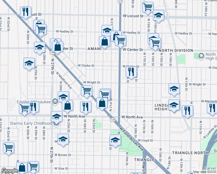 map of restaurants, bars, coffee shops, grocery stores, and more near 2463 North 21st Street in Milwaukee