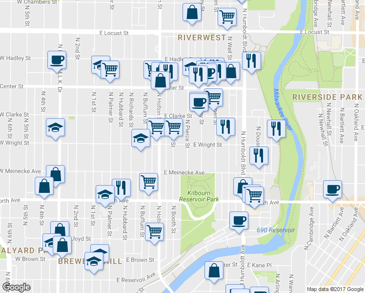 map of restaurants, bars, coffee shops, grocery stores, and more near 625 East Wright Street in Milwaukee