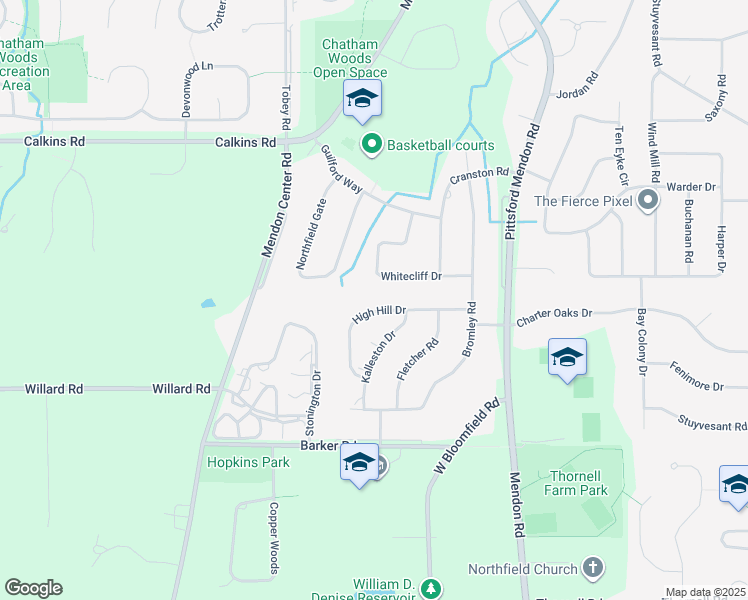 map of restaurants, bars, coffee shops, grocery stores, and more near 24 High Hill Drive in Pittsford