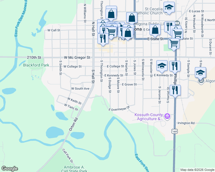 map of restaurants, bars, coffee shops, grocery stores, and more near 501-799 South Thorington Street in Algona